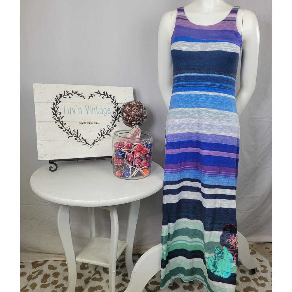 Desigual Womens Blue Purple Striped Sleeveless Slub Knit Maxi Dress Small